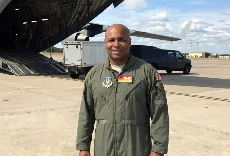 Air-Force-base Tejon Woods in an Air Force air flight suit.